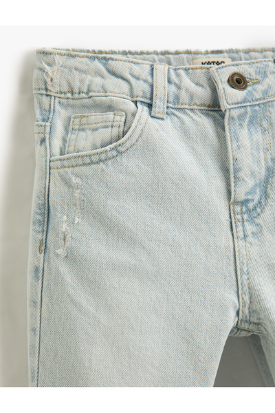 Koton Pantaloni din denim cu detaliu uzat, buzunar din bumbac - Jean subțire cu talie elastică reglabilă