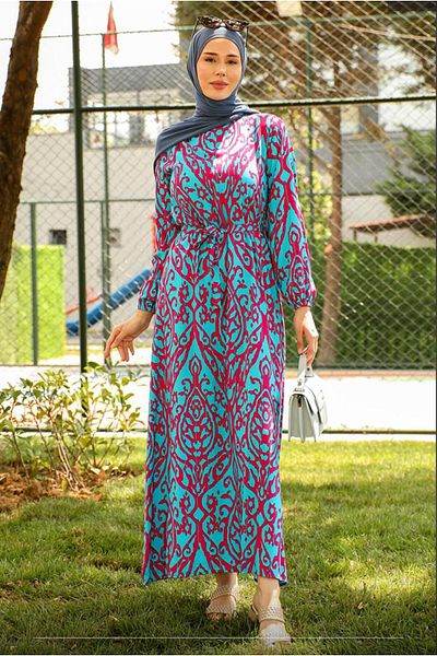 Zeynep Butik Women's Hijab Seasonal Waist Belted Woven Viscose Dress 1298