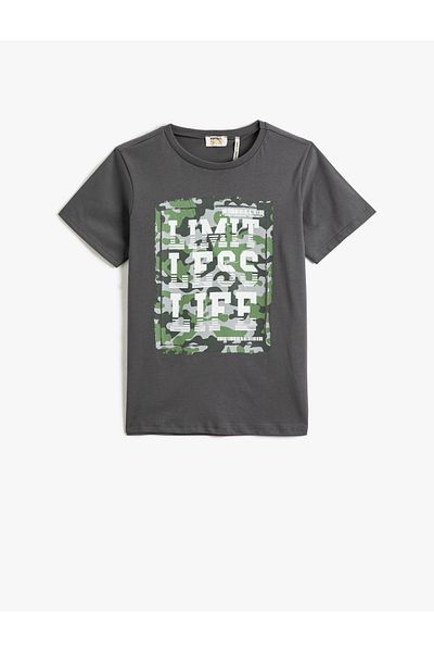 Koton Bedrucktes anthrazitfarbenes Jungen-T-Shirt 3skb10029tk