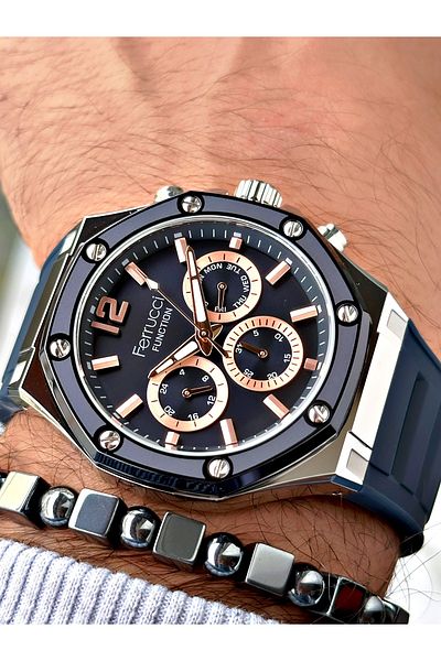 Ferrucci Navy Blue Color Silicone Sports Men's Wrist Watch + Bracelet with Gift
