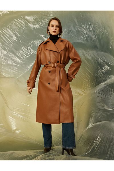 Koton Lange Jacke in Lederoptik mit Gürtel