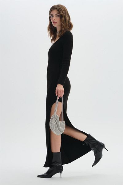 SHERIN Black Slit Long Knitwear Dress