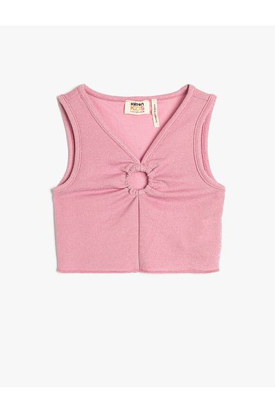 Koton Crop Top Sleeveless Window Detailed V-Neck Shiny