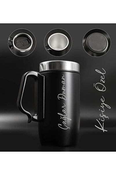 Halk Kitabevi Kişiye Özel Çift Katmanlı 280ml Mat Siyah Kulplu Paslanmaz Çelik Termos Bardak Mug