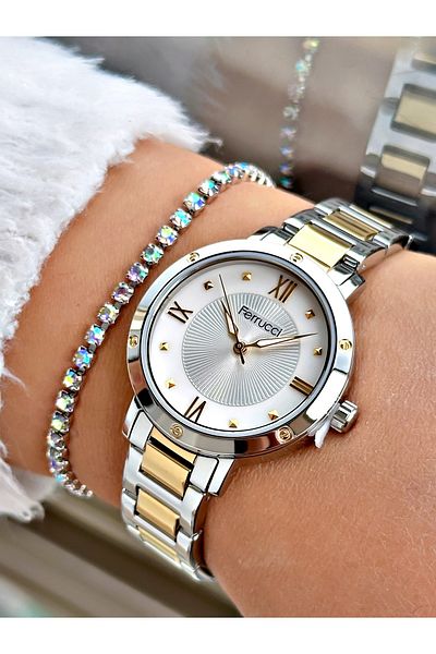 Ferrucci Silver Gold Color Roman Numeral Simple Model Men's Wrist Watch + Bracelet