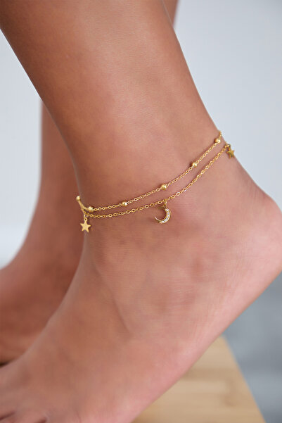 Lina Tia Kadın 2 Sıra Zincir Zirkon Taşlı Ay Figürlü Sıra Boncuklu Yıldızlı M...