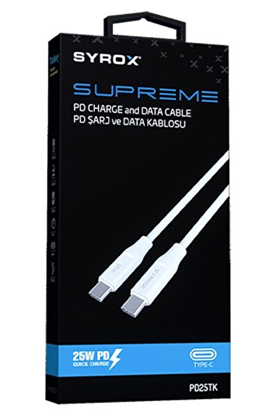 Syrox Pd25Tk Type-C To Type-C Pd 25W Hızlı Data/Şarj Kablosu 1Mt Beyaz