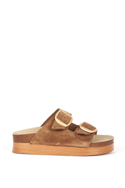 Dericlub Tan Suede Leather Women's Slippers - Double Banded and Buckle Zy 7774