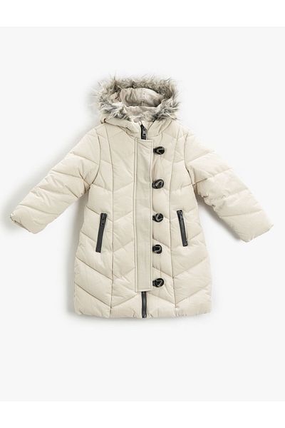 Koton Quilted Long Coat Padded Faux Fur Detailed Hooded Buttoned