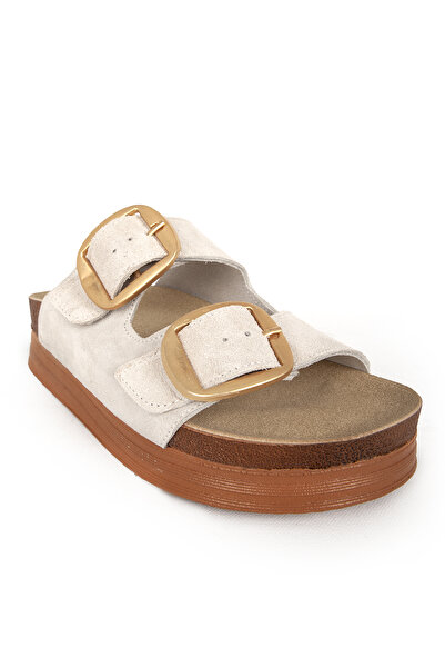 Dericlub Beige Women's Slippers - Double Banded, Buckle, Real Suede Leather Zy 7774