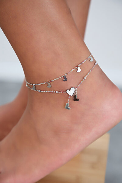 Lina Tia Kadın Dalgalı Kalp Figürlü Boncuk Detaylı Çift Zincirli Model Sedef Taşlı Gümüş Kaplama Çelik Halhal