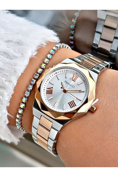 Ferrucci Rose Silver Color Steel Cord Star Model Women's Wrist Watch + Bracelet