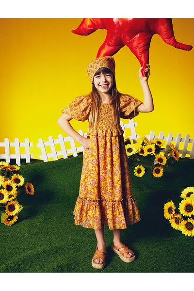 Koton Kleid mit Blumenmuster, Ballonärmeln, quadratischem Kragen aus Baumwolle, gefüttert