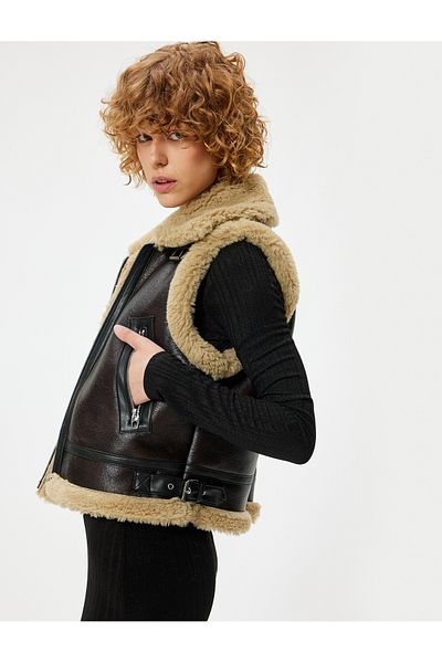 Koton Faux Fur Collar Shiny Leather Vest - Sleeveless, Zipper and Pocket Detail