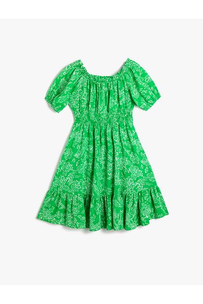 Koton Midikleid mit Blumenmuster, schulterfreien Ballonärmeln, elastischen Kaskadenrüschen