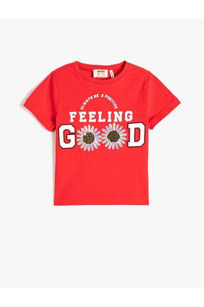 Koton Cotton Short Sleeve Printed Sequin T-shirt