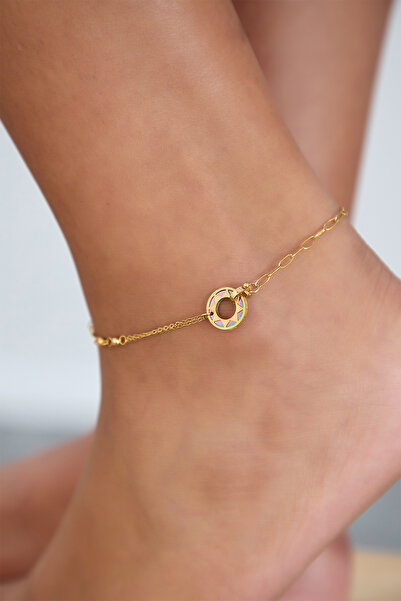 Lina Tia Kadın Renk Desenli Halka Ispanyol Zincirli Model Altın Kaplama Çelik Günlük Kombin Halhal Takı