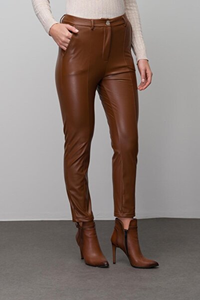 Olcay Skin Look Skinny Fit Trousers with Stitching Detail Taba 7562