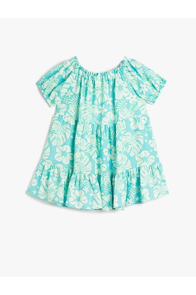Koton Gestuftes Leinenkleid mit Blumen-Ballonärmeln