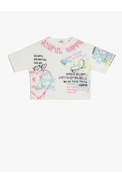 Koton T-Shirt mit kurzen Ärmeln und Rundhalsausschnitt mit Graffiti-Aufdruck