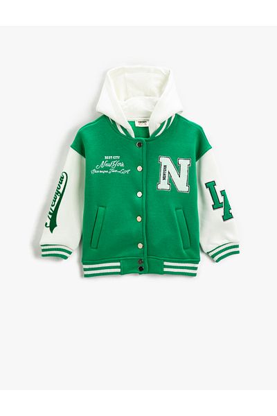 Koton College Jacket Hooded Color Contrast Applique Detailed Snap Buttons