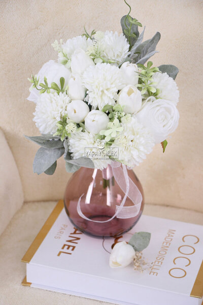 Yapay Çiçek Deposu باقة العروس باللون الأبيض البودرة مجموعة أناقة مكونة من قط...