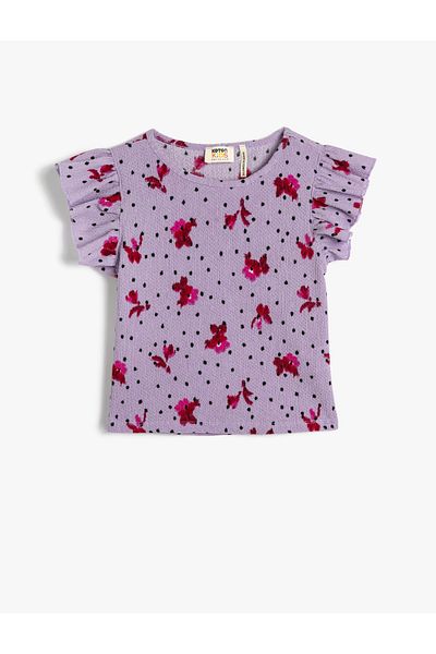 Koton Floral T-Shirt Textured Round Neck Ruffles