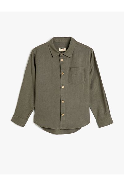 Koton Linen Blend Shirt Basic Long Sleeve Single Pocket Detailed