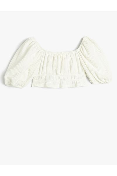 Koton Crop T-shirt Gathered μπροστινά κοντά μανίκια από μπαλόνι με υφή