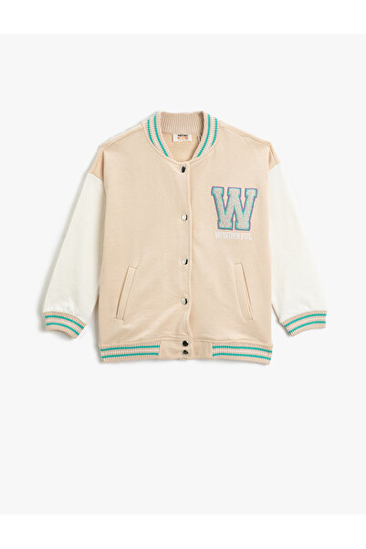 Koton College-Jacke, Farbblock-Taschen, Druckknopfverschluss, runder Kragen