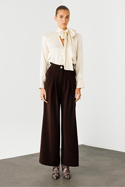 Moda İlgi Modailgi  Kemeri Apoletli Yandan Cepli Plikaşeli Pantolon - 7069 Kahve