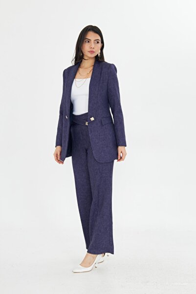 LOVELF Kare Düğmeli Yünefekt Takım Lacivert Desenli