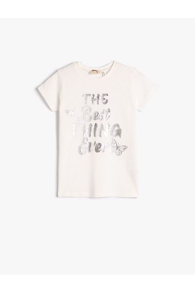 Koton T-Shirt Shiny Printed Ribbed Short Sleeve Crew Neck Cotton
