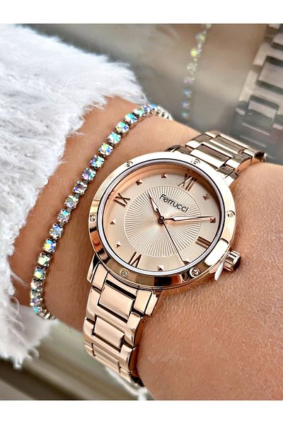 Ferrucci Rose Gold Color Roman Numeral Simple Model Men's Wrist Watch + Bracelet