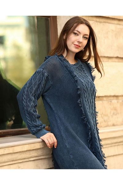 Sosyete Kaplumbağa Authentic 100% Cotton Knitwear Long Sleeve Print Knitted and Tassel Detailed Washable Dress
