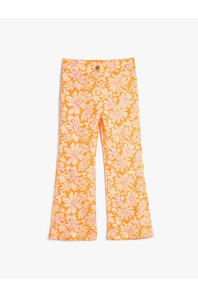 Koton Linen Spanish Leg Trousers - Floral Pattern and Slit Legs