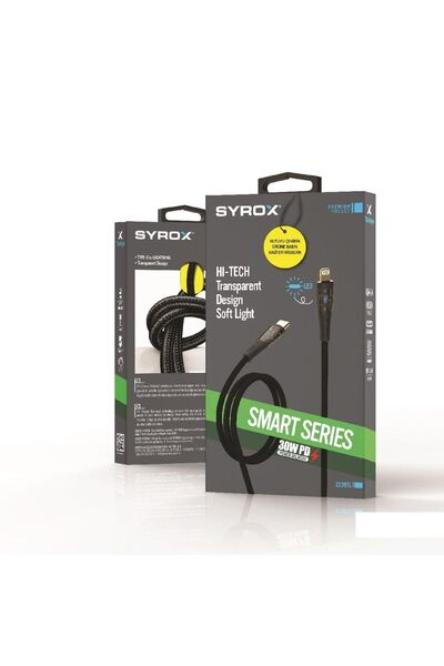 Syrox C139TL Transparan Led 30W PD Ultra Hızlı Type-C To İphone Lightnıng Şarj & Data Kablosu