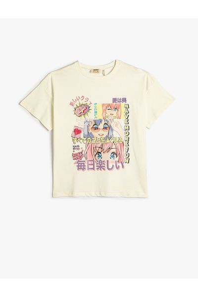 Koton Cotton Oversize Anime T-Shirt - Short Sleeve, Crew Neck