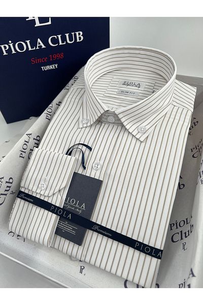 Piola Club Ανδρικό πουκάμισο σε μπεζ ριγέ Slim Fit