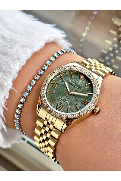 Ferrucci Altın Renk Roma Rakamlı Simli Model Şık Dizayn Kadın Kol Saati + BİLEKLİK