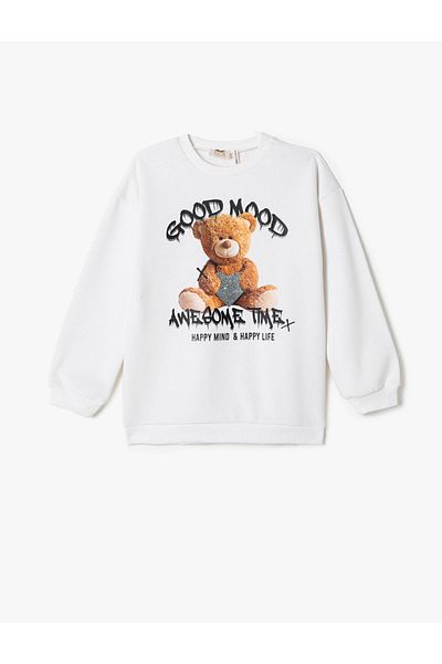 Koton Teddy Bear Printed Sweatshirt Long Sleeve Crew Neck Ribbed