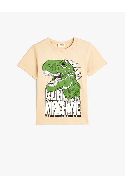 Koton Tričko s krátkym rukávom s potlačou dinosaura s výstrihom z bavlny