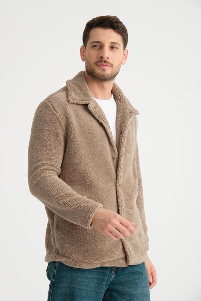 Shoppingdimoda %100 Pamuk, Gömlek Yaka, Düğmeli Erkek Peluş Ceket