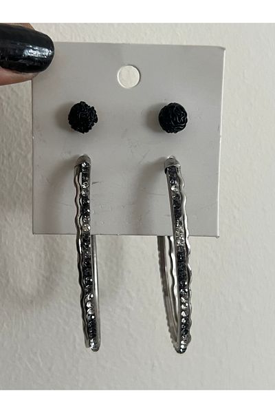 tones official Black-White Stones Large-Large-Long Set of 4 Hoop Earrings