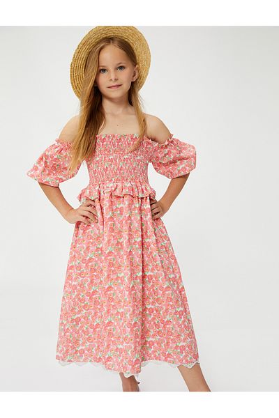 Koton Φόρεμα Floral Off Shoulder Μπαλόνι μανίκια Gipe Λεπτομερή βολάν