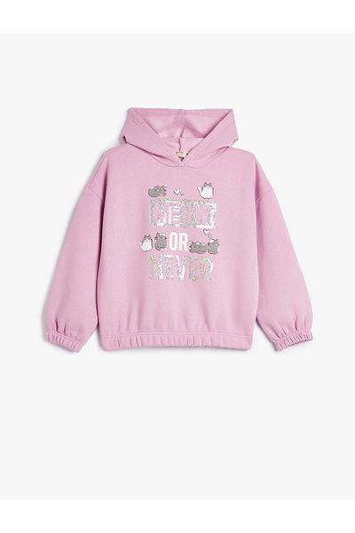 Koton Hooded Sweatshirt Raised Cat Printed Sequined Embroidered Long Sleeve