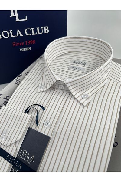 Piola Club Ανδρικό πουκάμισο σε μπεζ ριγέ Slim Fit
