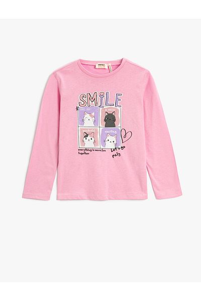 Koton Tricou cu mânecă lungă cu gât crew din bumbac imprimat cu pisici