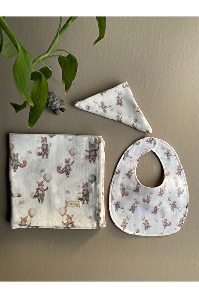 SNOWFLAKE طقم غطاء، مريلة، منديل من الموسلين بنمط ثعلب من القطن العضوي بنسبة ...