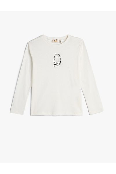 Koton Tricou mânecă lungă Decolteu Crew Cat Imprimat Bumbac